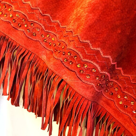 Western Boho Suede Leather Fringe Poncho Cape Rust Terracotta Newport News SM - Picture 7 of 13